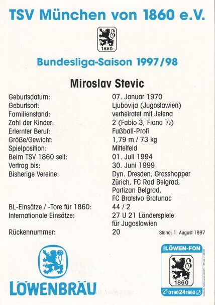 Autogramm Fussball | TSV 1860 München | 1997 | Miroslav STEVIC