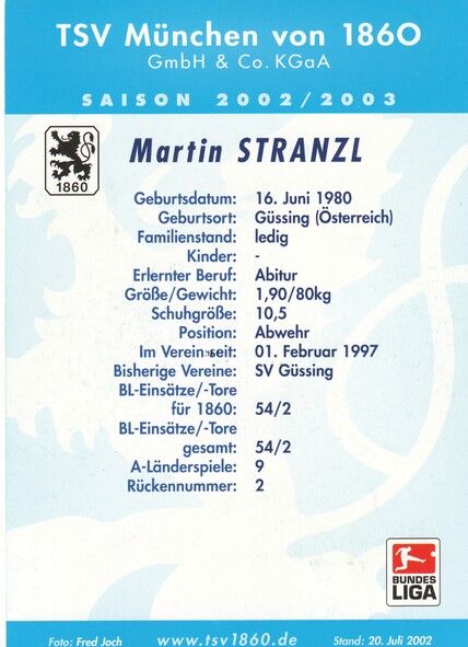 Autogramm Fussball | TSV 1860 München | 2002 | Martin STRANZL