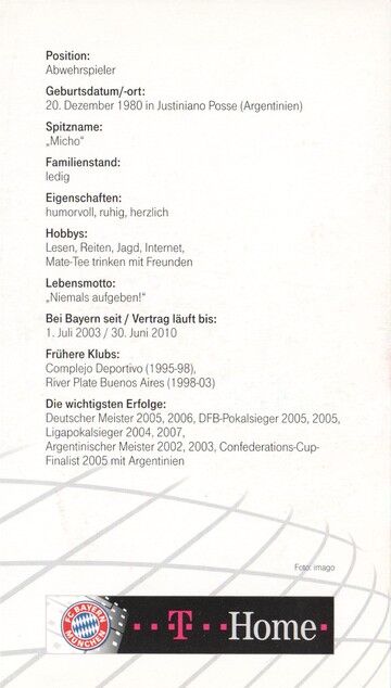 Autogramm Fussball | FC Bayern München | 2007 Druck | Martin DEMICHELIS