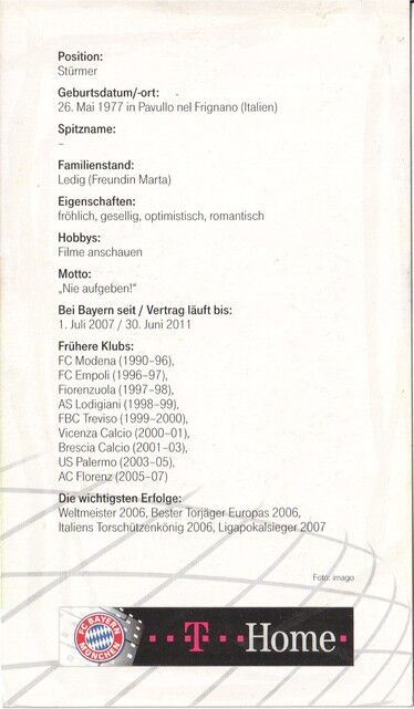 Autogramm Fussball | FC Bayern München | 2007 Druck | Luca TONI