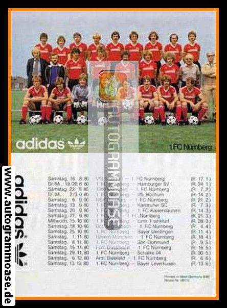 Mannschaftskarte Fussball | 1. FC Nürnberg | 1980 Adidas