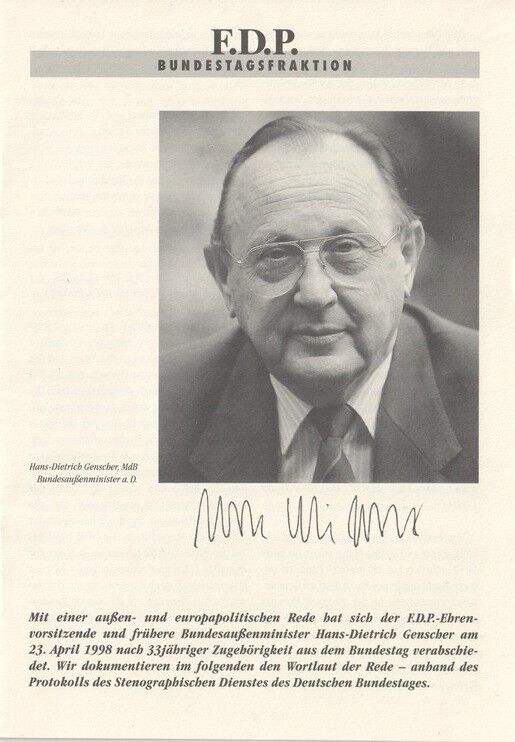 Protokoll Politik | FDP | Hans-Dietrich GENSCHER | 1998 (Portrait SW XM)