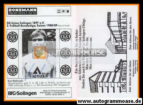 Autogramm Fussball | Union Solingen | 1988 | Kurt BALEWSKI