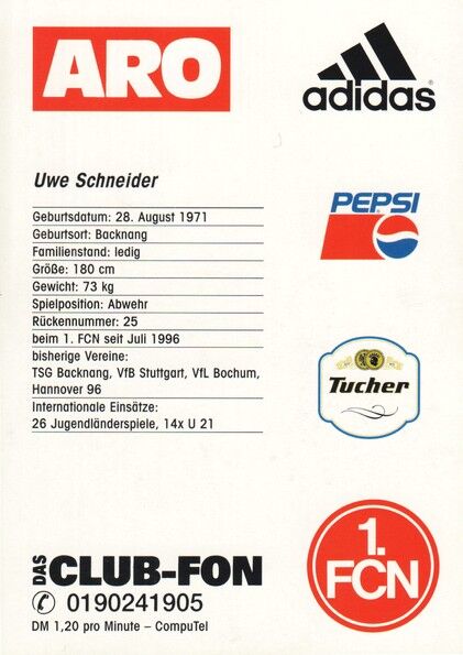 Autogramm Fussball | 1. FC Nürnberg | 1997 | Uwe SCHNEIDER