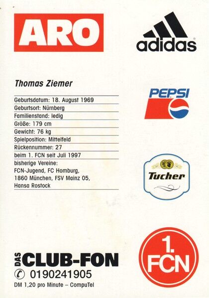 Autogramm Fussball | 1. FC Nürnberg | 1997 | Thomas ZIEMER