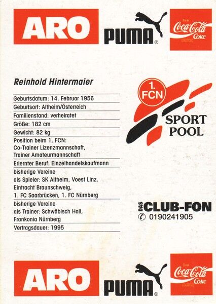 Autogramm Fussball | 1. FC Nürnberg | 1994 | Reinhold HINTERMAIER