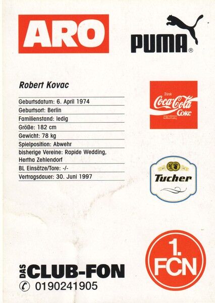 Autogramm Fussball | 1. FC Nürnberg | 1995 | Robert KOVAC