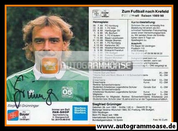 Autogramm Fussball | KFC Uerdingen 05 | 1989 | Siegfried GRÜNINGER