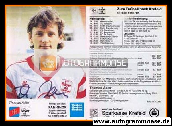 Autogramm Fussball | KFC Uerdingen 05 | 1991 | Thomas ADLER