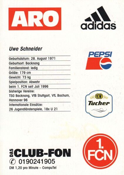 Autogramm Fussball | 1. FC Nürnberg | 1996 | Uwe SCHNEIDER