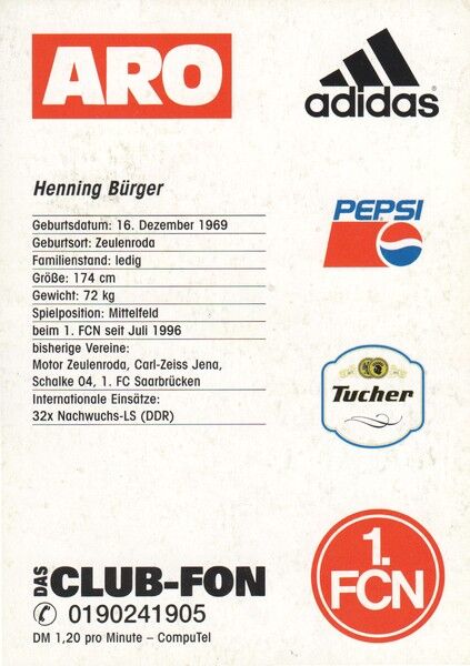 Autogramm Fussball | 1. FC Nürnberg | 1996 | Henning BÜRGER