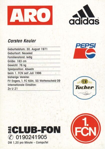 Autogramm Fussball | 1. FC Nürnberg | 1996 | Carsten KEULER