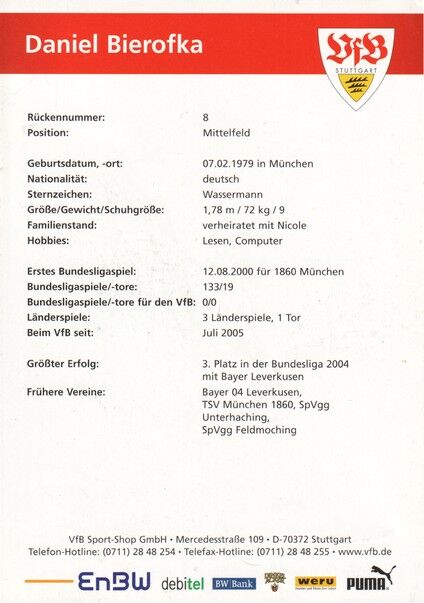 Autogramm Fussball | VfB Stuttgart | 2005 | Daniel BIEROFKA