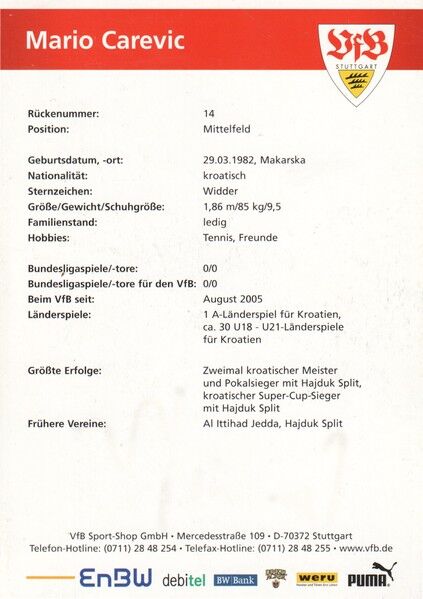 Autogramm Fussball | VfB Stuttgart | 2005 | Mario CAREVIC