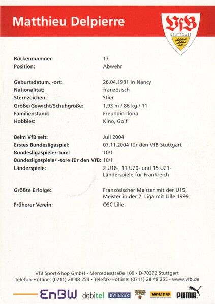 Autogramm Fussball | VfB Stuttgart | 2005 | Matthieu DELPIERRE