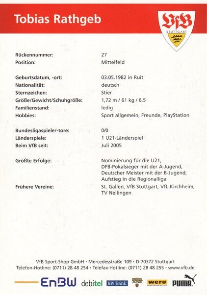 Autogramm Fussball | VfB Stuttgart | 2005 | Tobias RATHGEB