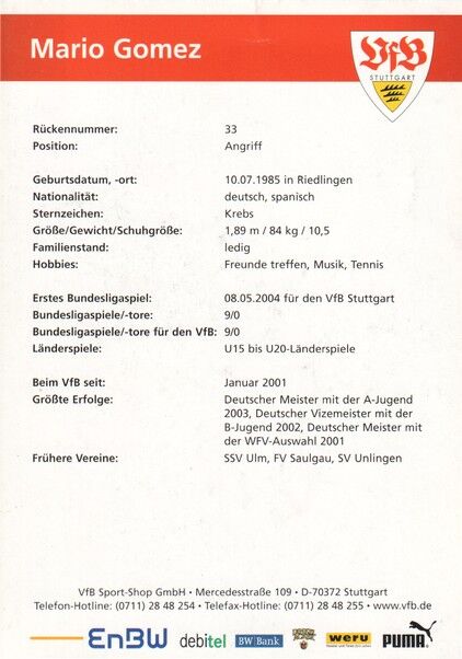 Autogramm Fussball | VfB Stuttgart | 2005 | Mario GOMEZ (2)