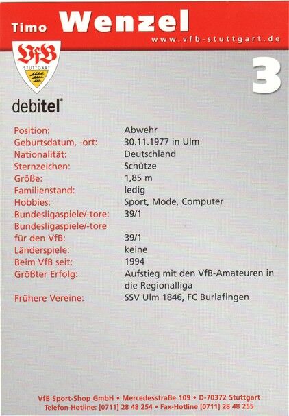 Autogramm Fussball | VfB Stuttgart | 2002 | Timo WENZEL