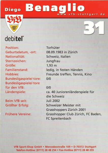 Autogramm Fussball | VfB Stuttgart | 2002 | Diego BENAGLIO