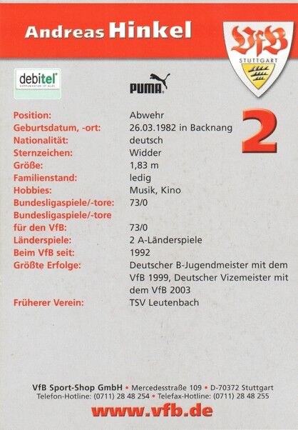 Autogramm Fussball | VfB Stuttgart | 2003 | Andreas HINKEL