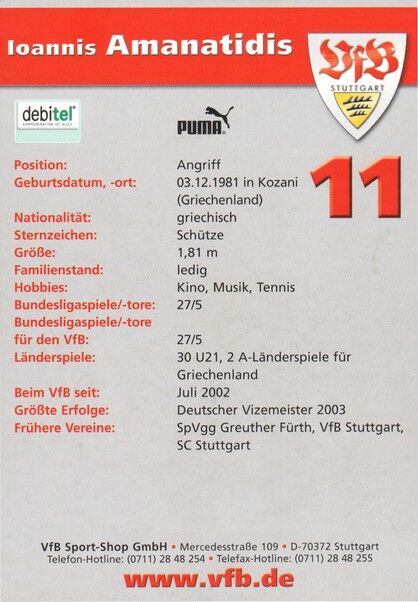 Autogramm Fussball | VfB Stuttgart | 2003 | Ioannis AMANATIDIS