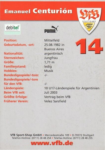 Autogramm Fussball | VfB Stuttgart | 2003 | Emanuel CENTURION