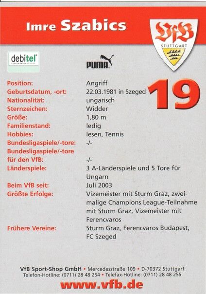 Autogramm Fussball | VfB Stuttgart | 2003 | Imre SZABICS