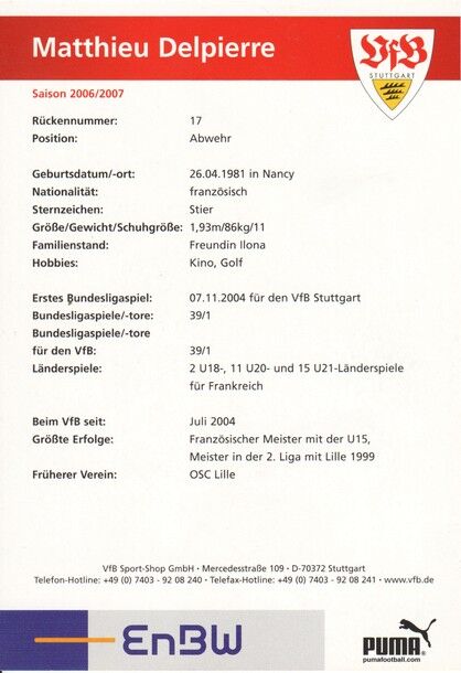 Autogramm Fussball | VfB Stuttgart | 2006 | Matthieu DELPIERRE