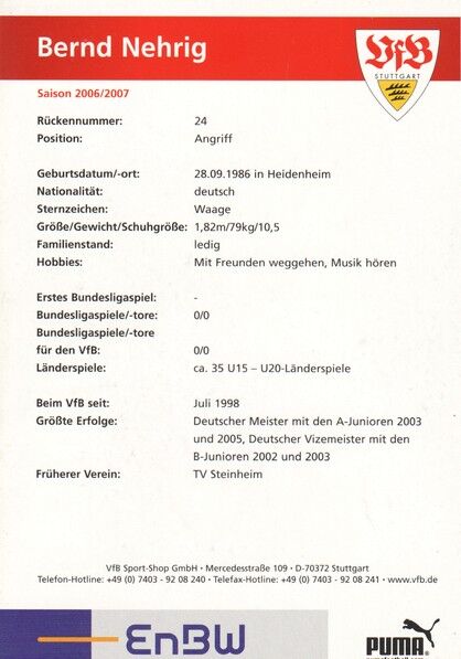 Autogramm Fussball | VfB Stuttgart | 2006 | Bernd NEHRIG