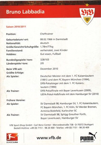 Autogramm Fussball | VfB Stuttgart | 2010 | Bruno LABBADIA