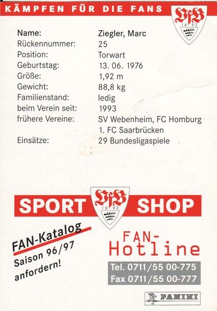 Autogramm Fussball | VfB Stuttgart | 1996 rot | Marc ZIEGLER