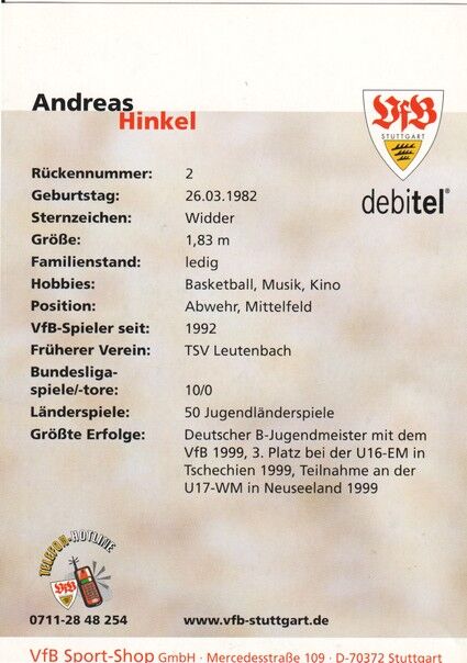 Autogramm Fussball | VfB Stuttgart | 2001 | Andreas HINKEL