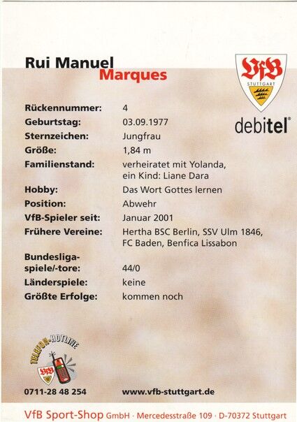 Autogramm Fussball | VfB Stuttgart | 2001 | Riu Manuel MARQUES