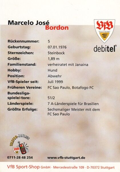 Autogramm Fussball | VfB Stuttgart | 2001 | Marcelo Jose BORDON