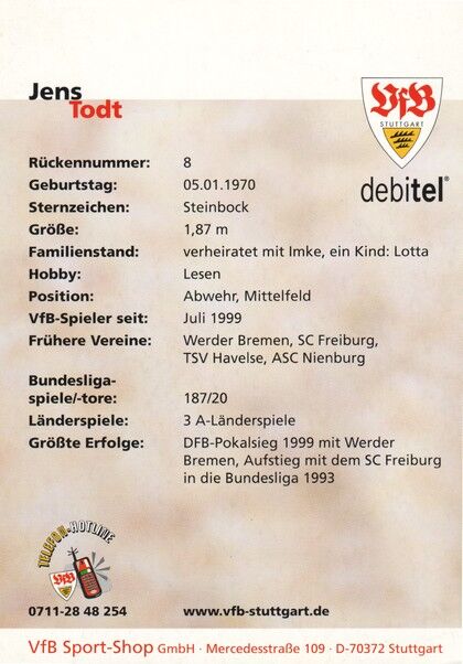 Autogramm Fussball | VfB Stuttgart | 2001 | Jens TODT
