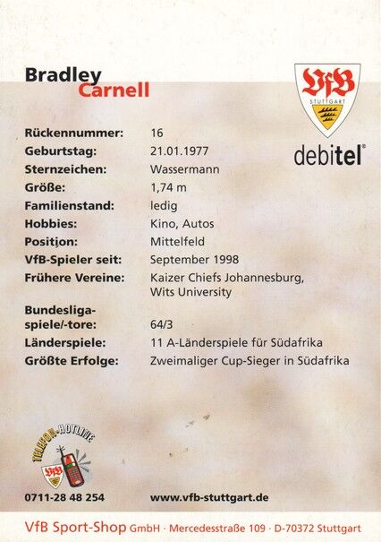 Autogramm Fussball | VfB Stuttgart | 2001 | Bradley CARNELL