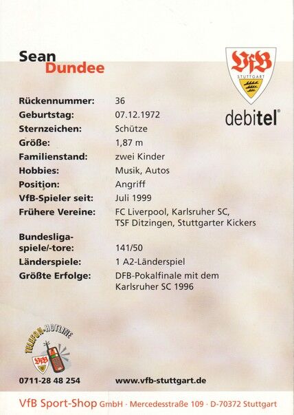 Autogramm Fussball | VfB Stuttgart | 2001 | Sean DUNDEE