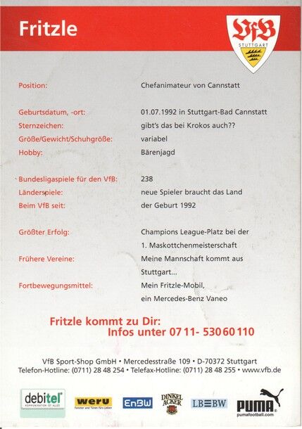 Autogramm Fussball | VfB Stuttgart | 2004 | FRITZLE (Maskottchen)
