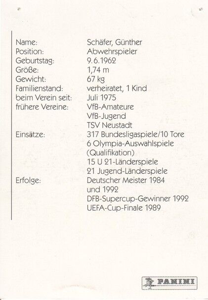 Autogramm Fussball | VfB Stuttgart | 1994 | Günther SCHÄFER