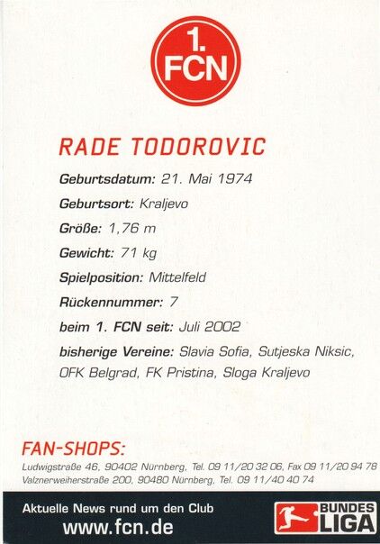 Autogramm Fussball | 1. FC Nürnberg | 2002 | Rade TODOROVIC