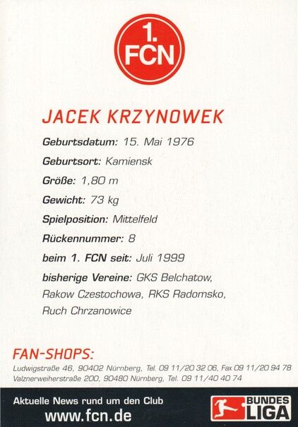 Autogramm Fussball | 1. FC Nürnberg | 2002 | Jacek KRZYNOWEK