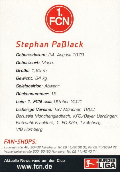 Autogramm Fussball | 1. FC Nürnberg | 2002 | Stephan PASSLACK