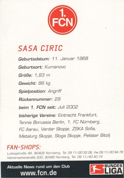 Autogramm Fussball | 1. FC Nürnberg | 2002 | Sasa CIRIC