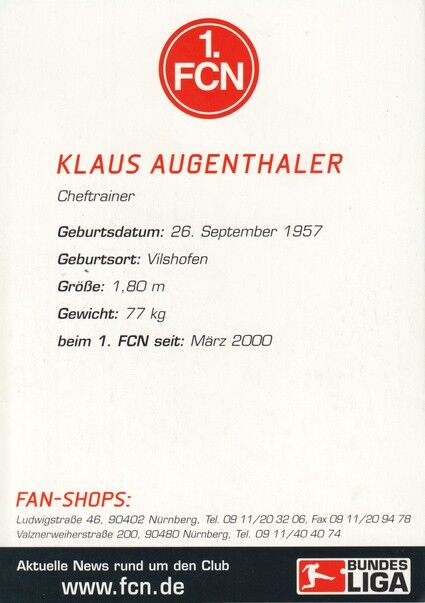 Autogramm Fussball | 1. FC Nürnberg | 2002 | Klaus AUGENTHALER