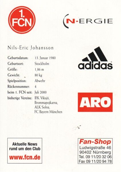 Autogramm Fussball | 1. FC Nürnberg | 2000 NE | Nils-Eric JOHANSSON