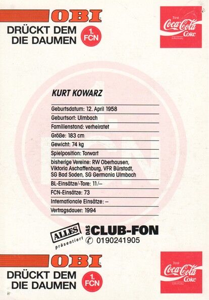 Autogramm Fussball | 1. FC Nürnberg | 1993 | Kurt KOWARZ
