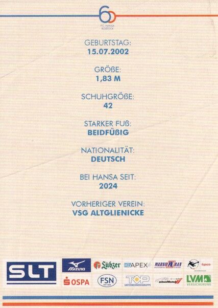Autogramm Fussball | Hansa Rostock | 2025 | Jonas DIRKNER