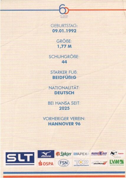 Autogramm Fussball | Hansa Rostock | 2025 | Andreas VOGLSAMMER