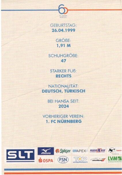 Autogramm Fussball | Hansa Rostock | 2025 | Ahmet GÜRLEYEN