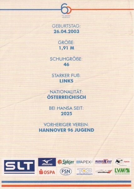 Autogramm Fussball | Hansa Rostock | 2025 | Lukas WALLNER